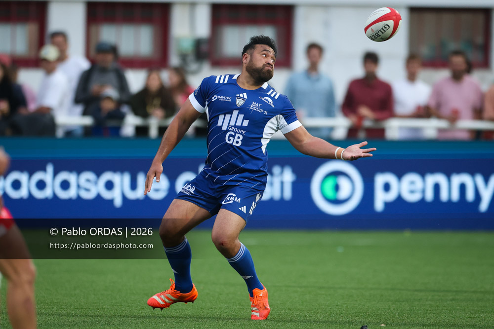 Caleb Timu, lors du match de Pro D2 entre le Biarritz olympique et Colomiers, le 24 avril 2026 au stade Aguiléra de Biarritz, France (Photo Pablo ORDAS)