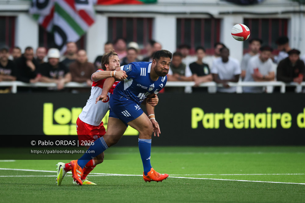 Caleb Timu, lors du match de Pro D2 entre le Biarritz olympique et Colomiers, le 24 avril 2026 au stade Aguiléra de Biarritz, France (Photo Pablo ORDAS)