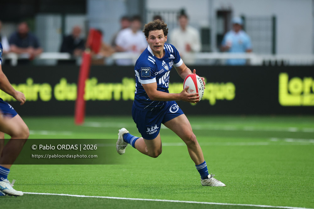 Valentin Delpy, lors du match de Pro D2 entre le Biarritz olympique et Colomiers, le 24 avril 2026 au stade Aguiléra de Biarritz, France (Photo Pablo ORDAS)