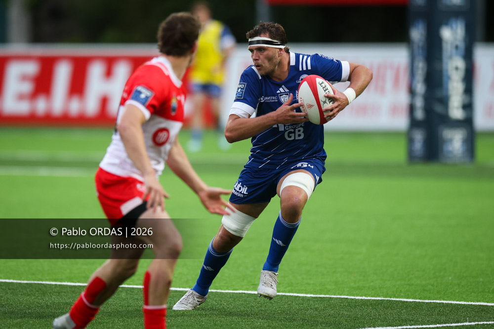 Grégoire Bazin, lors du match de Pro D2 entre le Biarritz olympique et Colomiers, le 24 avril 2026 au stade Aguiléra de Biarritz, France (Photo Pablo ORDAS)