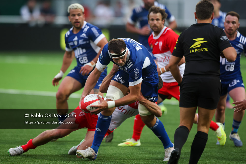 Grégoire Bazin, lors du match de Pro D2 entre le Biarritz olympique et Colomiers, le 24 avril 2026 au stade Aguiléra de Biarritz, France (Photo Pablo ORDAS)
