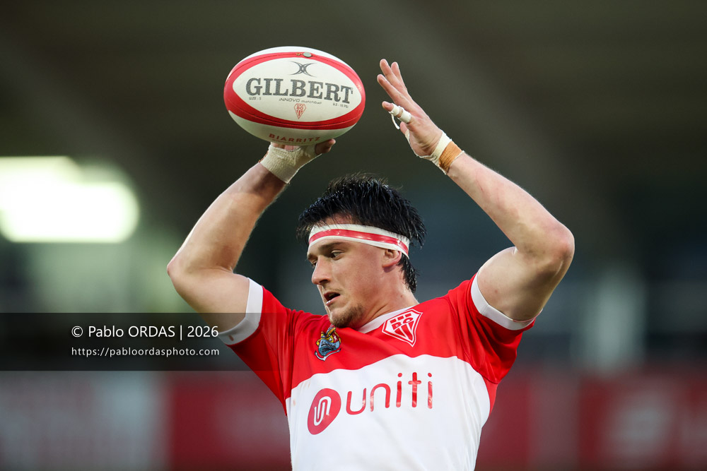 Andrea Sacco, lors du match de Pro D2 entre le Biarritz olympique et Colomiers, le 24 avril 2026 au stade Aguiléra de Biarritz, France (Photo Pablo ORDAS)