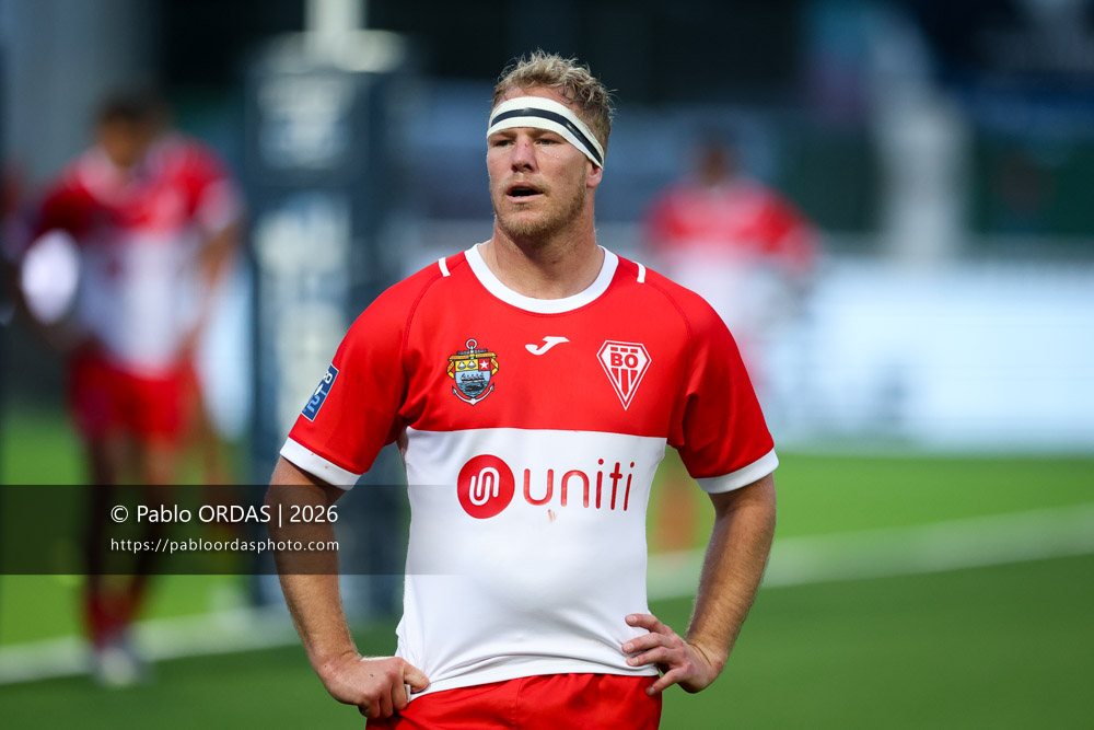 Heath Backhouse, lors du match de Pro D2 entre le Biarritz olympique et Colomiers, le 24 avril 2026 au stade Aguiléra de Biarritz, France (Photo Pablo ORDAS)