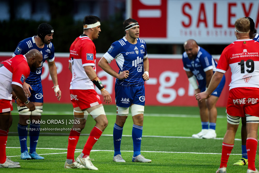 Grégoire Bazin, lors du match de Pro D2 entre le Biarritz olympique et Colomiers, le 24 avril 2026 au stade Aguiléra de Biarritz, France (Photo Pablo ORDAS)