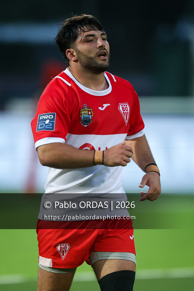 Adrien Sonzogni, lors du match de Pro D2 entre le Biarritz olympique et Colomiers, le 24 avril 2026 au stade Aguiléra de Biarritz, France (Photo Pablo ORDAS)