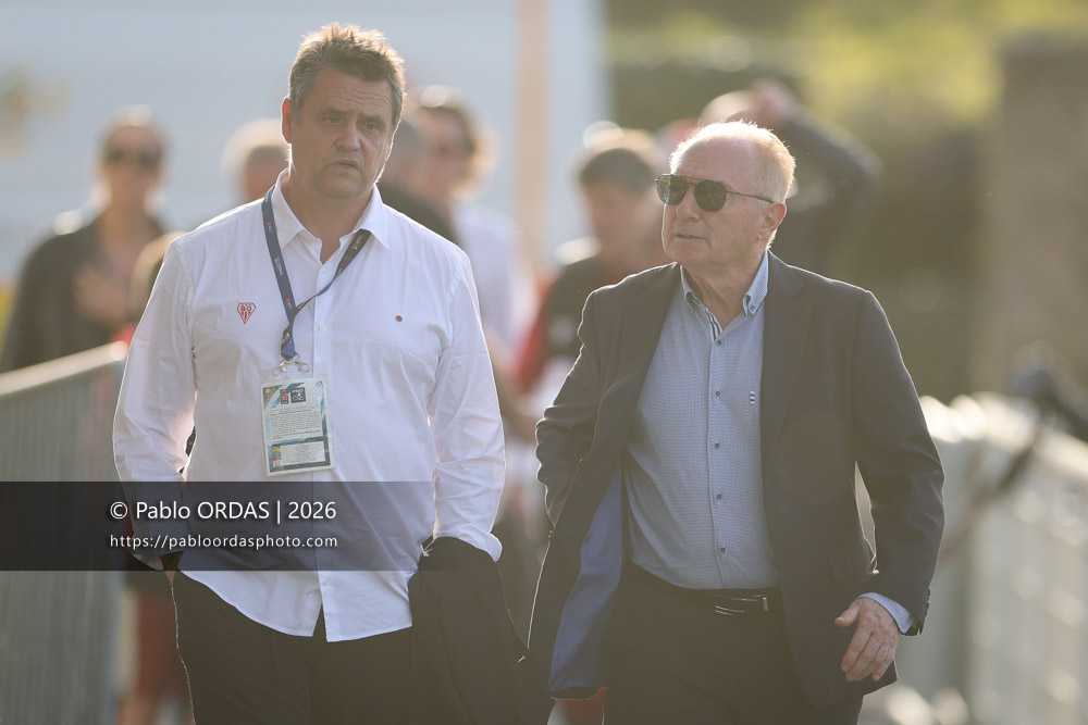 Frédéric Boitier, Patrick Arrosteguy, lors du match de Pro D2 entre le Biarritz olympique et Nevers, le 10 avril 2026 au stade Aguiléra de Biarritz, France (Photo Pablo ORDAS)