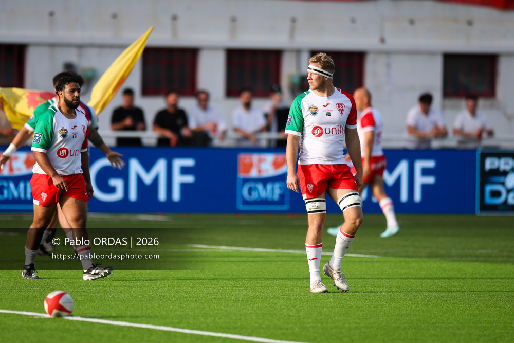 Heath Backhouse, lors du match de Pro D2 entre le Biarritz olympique et Nevers, le 10 avril 2026 au stade Aguiléra de Biarritz, France (Photo Pablo ORDAS)