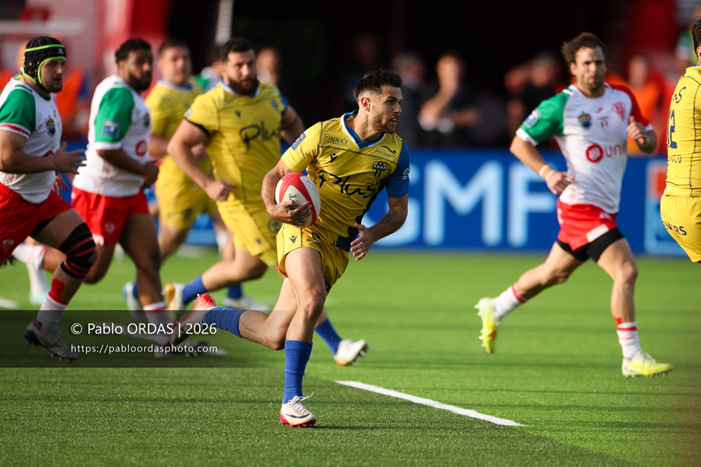 Dylan Jaminet, lors du match de Pro D2 entre le Biarritz olympique et Nevers, le 10 avril 2026 au stade Aguiléra de Biarritz, France (Photo Pablo ORDAS)