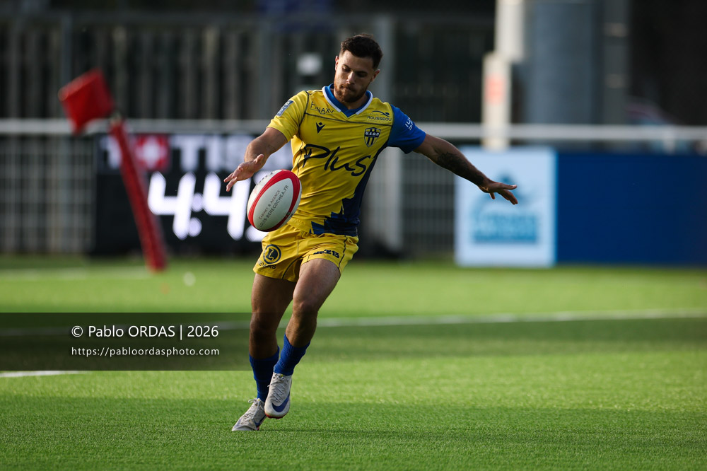Dylan Jaminet, lors du match de Pro D2 entre le Biarritz olympique et Nevers, le 10 avril 2026 au stade Aguiléra de Biarritz, France (Photo Pablo ORDAS)