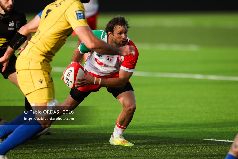 Yann Lesgourgues, lors du match de Pro D2 entre le Biarritz olympique et Nevers, le 10 avril 2026 au stade Aguiléra de Biarritz, France (Photo Pablo ORDAS)