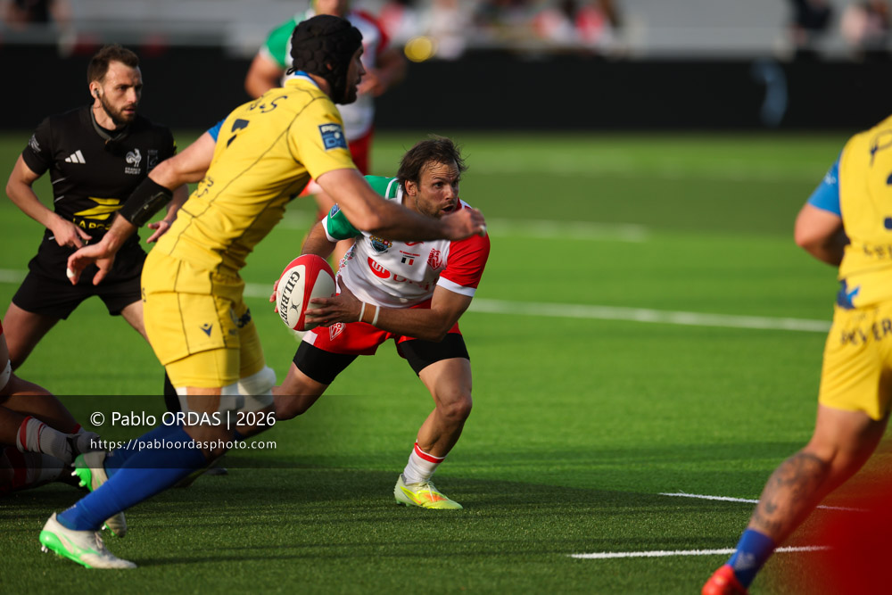 Yann Lesgourgues, lors du match de Pro D2 entre le Biarritz olympique et Nevers, le 10 avril 2026 au stade Aguiléra de Biarritz, France (Photo Pablo ORDAS)