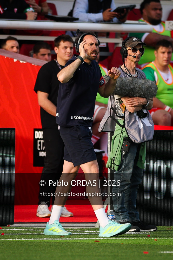 Manu Cabanes, lors du match de Pro D2 entre le Biarritz olympique et Nevers, le 10 avril 2026 au stade Aguiléra de Biarritz, France (Photo Pablo ORDAS)