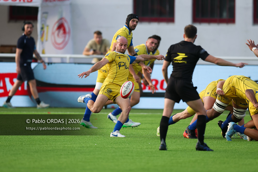 Hugo Bouyssou, lors du match de Pro D2 entre le Biarritz olympique et Nevers, le 10 avril 2026 au stade Aguiléra de Biarritz, France (Photo Pablo ORDAS)