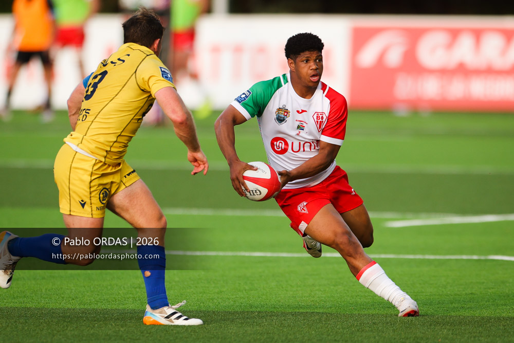 Joe Jonas, lors du match de Pro D2 entre le Biarritz olympique et Nevers, le 10 avril 2026 au stade Aguiléra de Biarritz, France (Photo Pablo ORDAS)