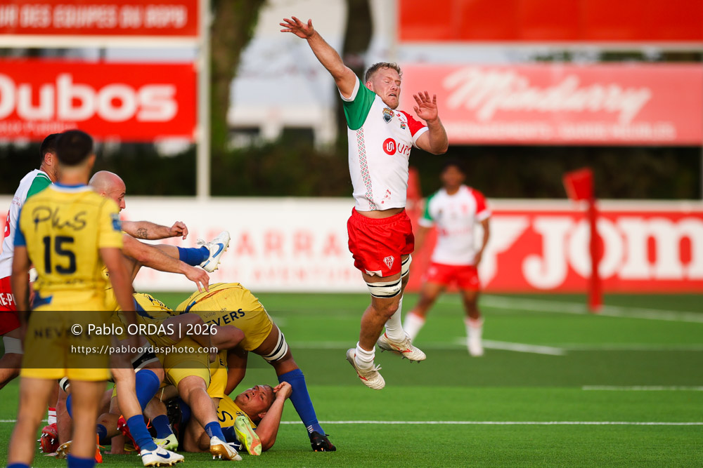 Heath Backhouse, lors du match de Pro D2 entre le Biarritz olympique et Nevers, le 10 avril 2026 au stade Aguiléra de Biarritz, France (Photo Pablo ORDAS)
