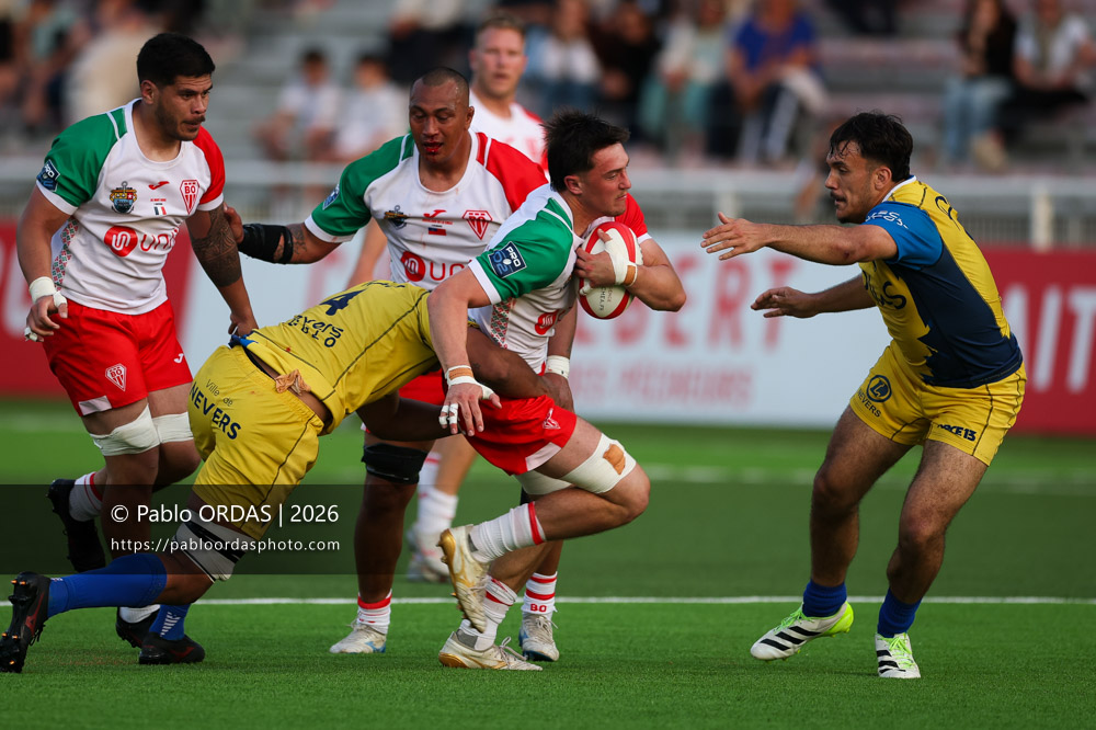 Andrea Sacco, lors du match de Pro D2 entre le Biarritz olympique et Nevers, le 10 avril 2026 au stade Aguiléra de Biarritz, France (Photo Pablo ORDAS)