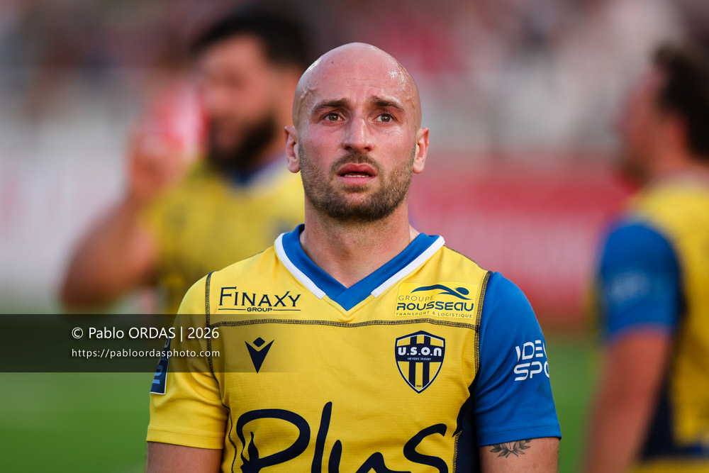 Hugo Bouyssou, lors du match de Pro D2 entre le Biarritz olympique et Nevers, le 10 avril 2026 au stade Aguiléra de Biarritz, France (Photo Pablo ORDAS)