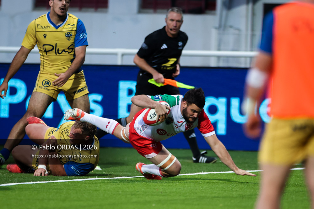 Thomas Hébert, lors du match de Pro D2 entre le Biarritz olympique et Nevers, le 10 avril 2026 au stade Aguiléra de Biarritz, France (Photo Pablo ORDAS)