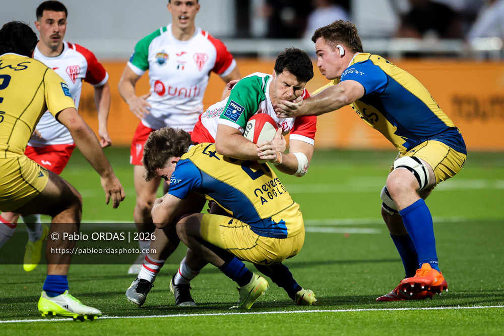 Jules Even, lors du match de Pro D2 entre le Biarritz olympique et Nevers, le 10 avril 2026 au stade Aguiléra de Biarritz, France (Photo Pablo ORDAS)