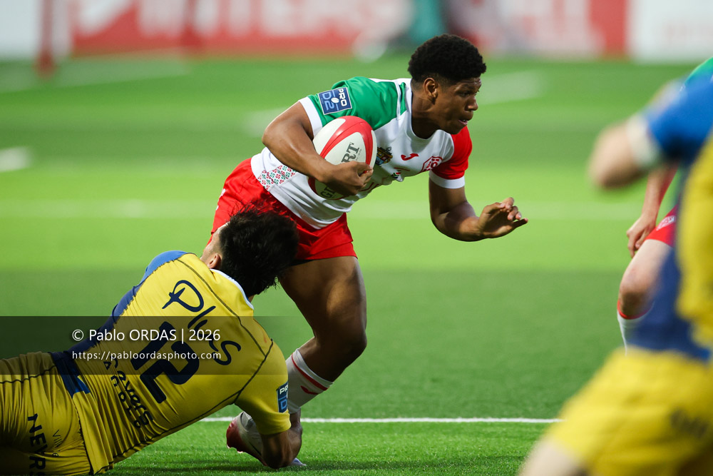Joe Jonas, lors du match de Pro D2 entre le Biarritz olympique et Nevers, le 10 avril 2026 au stade Aguiléra de Biarritz, France (Photo Pablo ORDAS)
