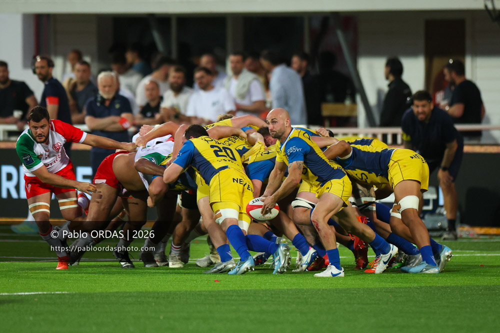 Hugo Bouyssou, lors du match de Pro D2 entre le Biarritz olympique et Nevers, le 10 avril 2026 au stade Aguiléra de Biarritz, France (Photo Pablo ORDAS)
