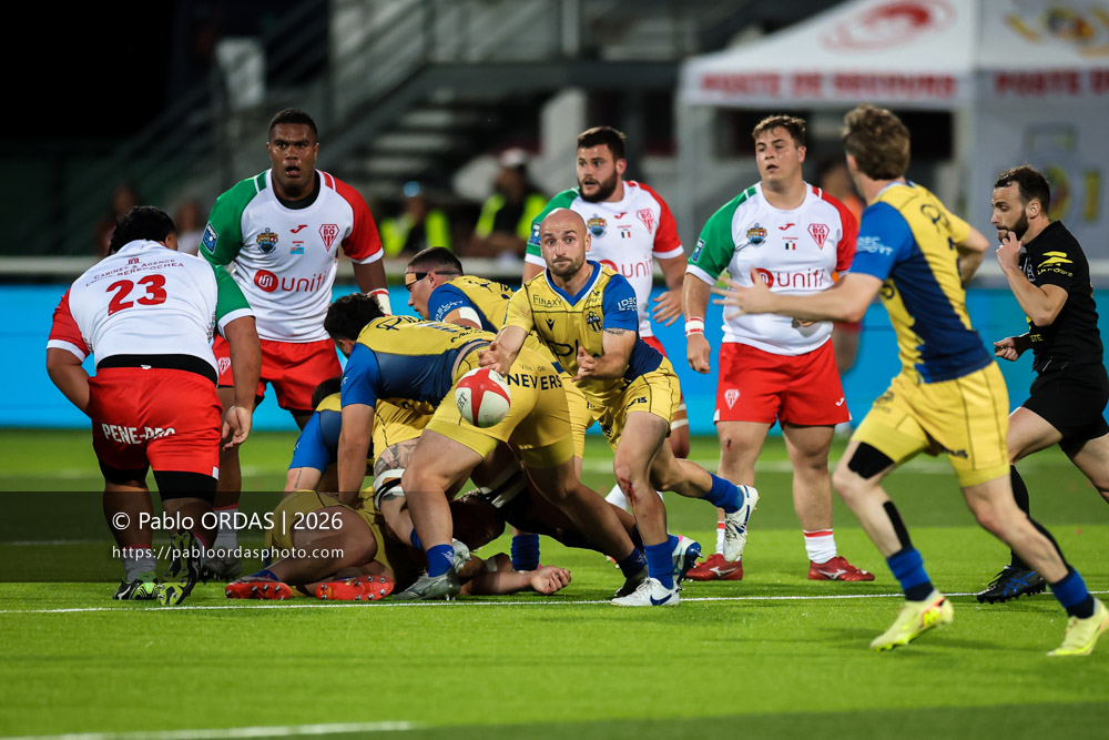 Hugo Bouyssou, lors du match de Pro D2 entre le Biarritz olympique et Nevers, le 10 avril 2026 au stade Aguiléra de Biarritz, France (Photo Pablo ORDAS)
