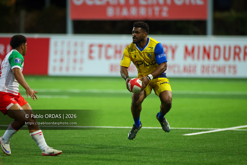 Ebenezer Tshimanga, lors du match de Pro D2 entre le Biarritz olympique et Nevers, le 10 avril 2026 au stade Aguiléra de Biarritz, France (Photo Pablo ORDAS)