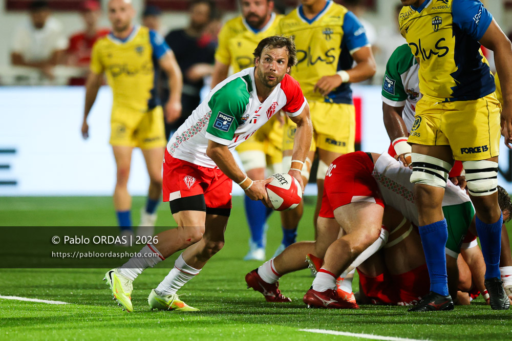 Yann Lesgourgues, lors du match de Pro D2 entre le Biarritz olympique et Nevers, le 10 avril 2026 au stade Aguiléra de Biarritz, France (Photo Pablo ORDAS)