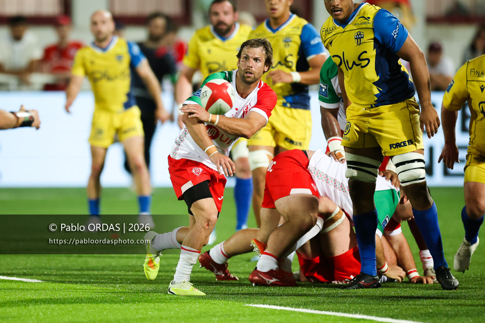 Yann Lesgourgues, lors du match de Pro D2 entre le Biarritz olympique et Nevers, le 10 avril 2026 au stade Aguiléra de Biarritz, France (Photo Pablo ORDAS)