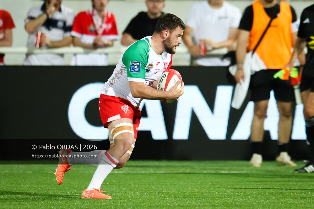 Thomas Hébert, lors du match de Pro D2 entre le Biarritz olympique et Nevers, le 10 avril 2026 au stade Aguiléra de Biarritz, France (Photo Pablo ORDAS)