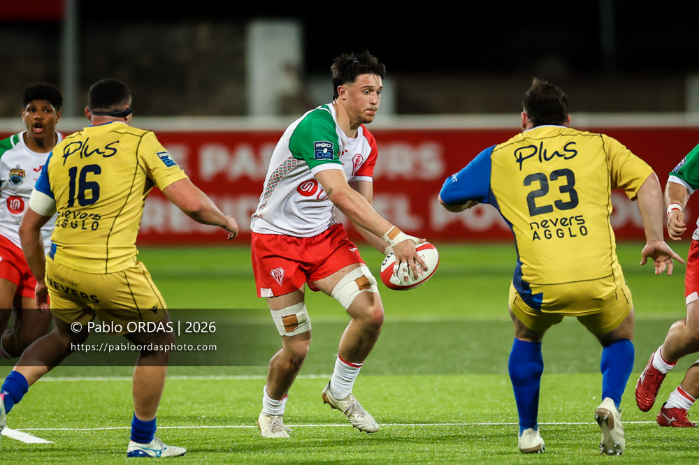 Andrea Sacco, lors du match de Pro D2 entre le Biarritz olympique et Nevers, le 10 avril 2026 au stade Aguiléra de Biarritz, France (Photo Pablo ORDAS)