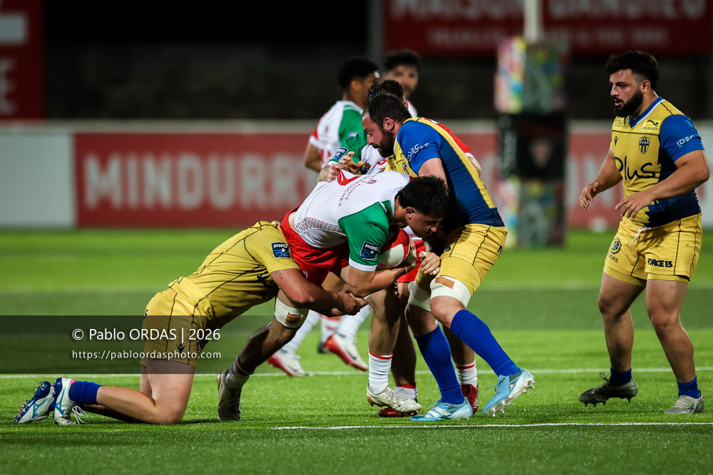 Andrea Sacco, lors du match de Pro D2 entre le Biarritz olympique et Nevers, le 10 avril 2026 au stade Aguiléra de Biarritz, France (Photo Pablo ORDAS)