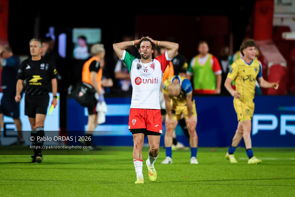 Yann Lesgourgues, lors du match de Pro D2 entre le Biarritz olympique et Nevers, le 10 avril 2026 au stade Aguiléra de Biarritz, France (Photo Pablo ORDAS)
