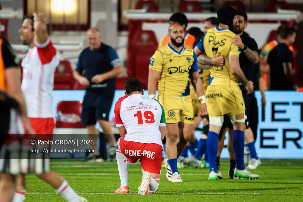 Thomas Hébert, lors du match de Pro D2 entre le Biarritz olympique et Nevers, le 10 avril 2026 au stade Aguiléra de Biarritz, France (Photo Pablo ORDAS)