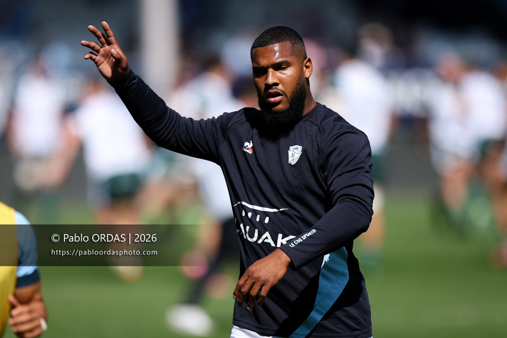 Cheikh Tiberghien, lors du match de Top 14 entre l'Aviron bayonnais et la Section paloise, le 18 avril 2026 au stade Jean Dauger de Bayonne, France (Photo Pablo ORDAS)