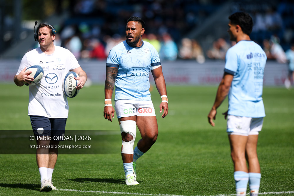 Manu Tuilagi, lors du match de Top 14 entre l'Aviron bayonnais et la Section paloise, le 18 avril 2026 au stade Jean Dauger de Bayonne, France (Photo Pablo ORDAS)