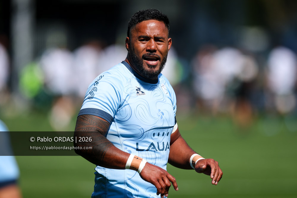 Manu Tuilagi, lors du match de Top 14 entre l'Aviron bayonnais et la Section paloise, le 18 avril 2026 au stade Jean Dauger de Bayonne, France (Photo Pablo ORDAS)