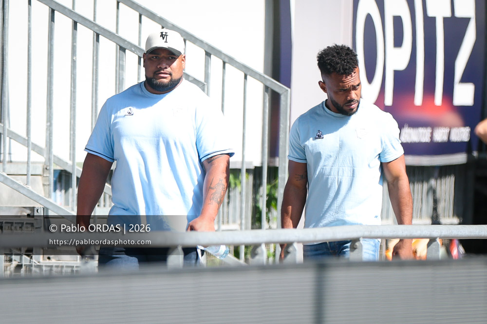 Tevita Tatafu, Sireli Maqala, lors du match de Top 14 entre l'Aviron bayonnais et la Section paloise, le 18 avril 2026 au stade Jean Dauger de Bayonne, France (Photo Pablo ORDAS)