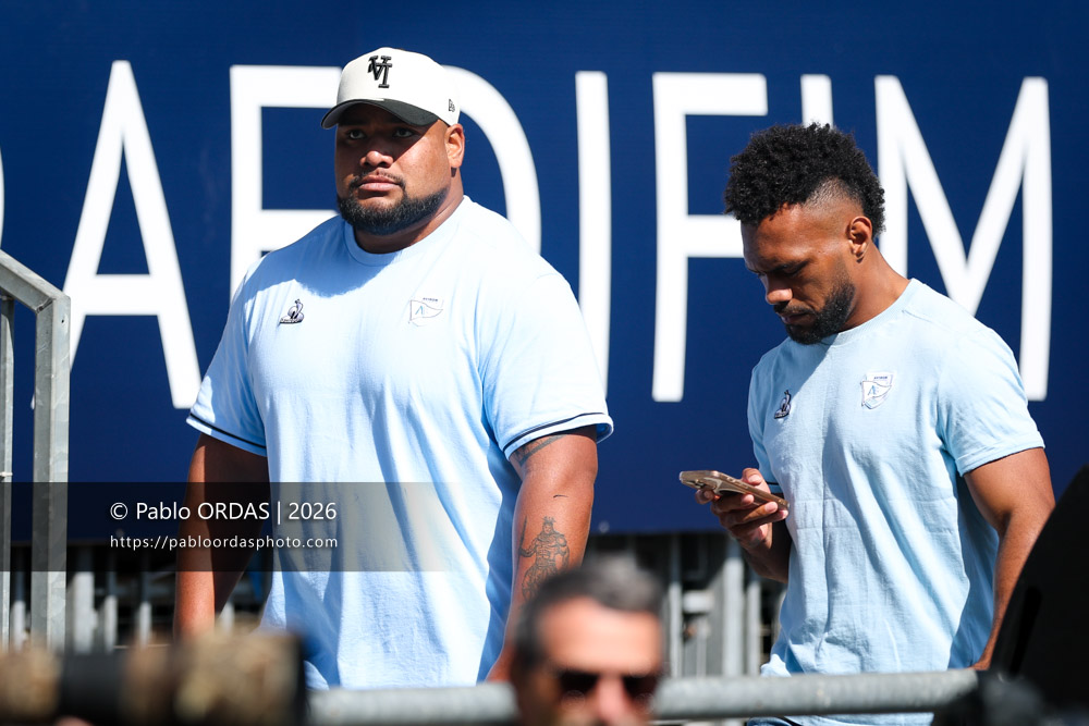 Tevita Tatafu, Sireli Maqala, lors du match de Top 14 entre l'Aviron bayonnais et la Section paloise, le 18 avril 2026 au stade Jean Dauger de Bayonne, France (Photo Pablo ORDAS)