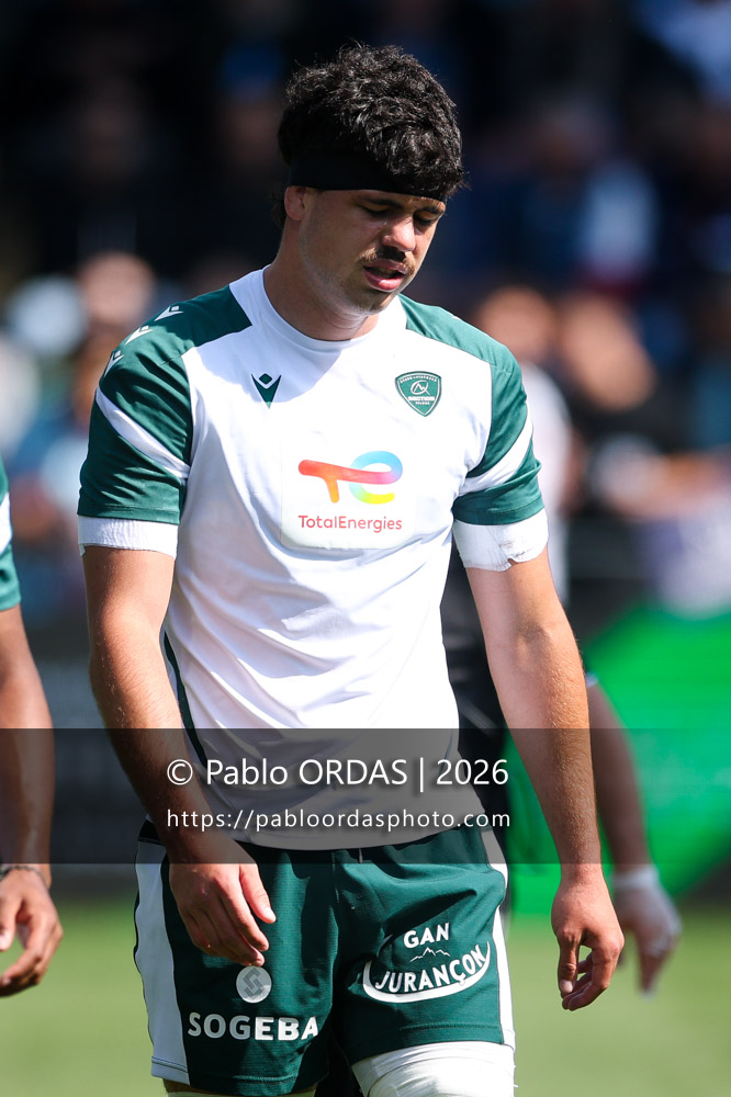 Hugo Auradou, lors du match de Top 14 entre l'Aviron bayonnais et la Section paloise, le 18 avril 2026 au stade Jean Dauger de Bayonne, France (Photo Pablo ORDAS)