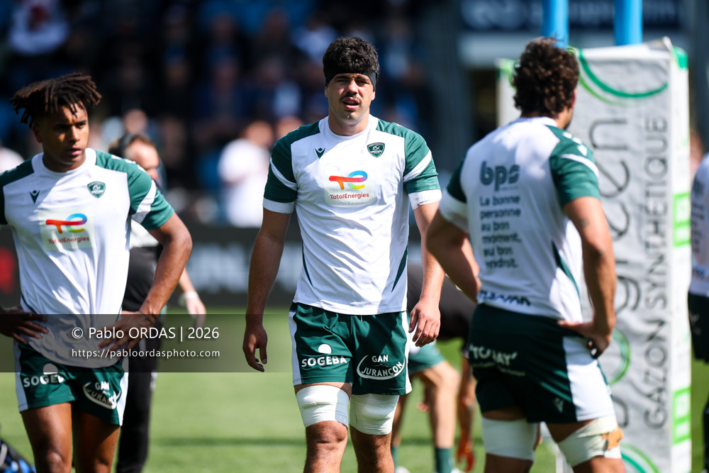 Hugo Auradou, lors du match de Top 14 entre l'Aviron bayonnais et la Section paloise, le 18 avril 2026 au stade Jean Dauger de Bayonne, France (Photo Pablo ORDAS)