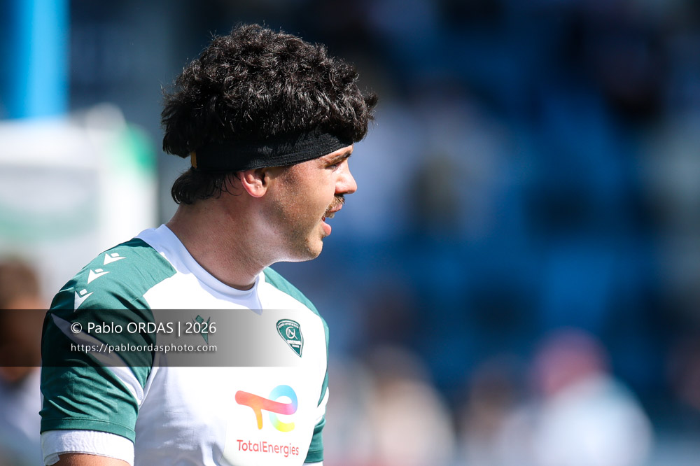Hugo Auradou, lors du match de Top 14 entre l'Aviron bayonnais et la Section paloise, le 18 avril 2026 au stade Jean Dauger de Bayonne, France (Photo Pablo ORDAS)