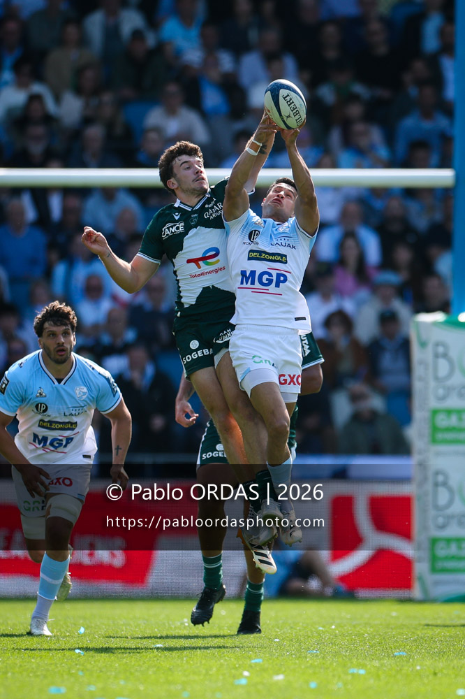 Fabien Brau-Boirie, Tom Spring, lors du match de Top 14 entre l'Aviron bayonnais et la Section paloise, le 18 avril 2026 au stade Jean Dauger de Bayonne, France (Photo Pablo ORDAS)