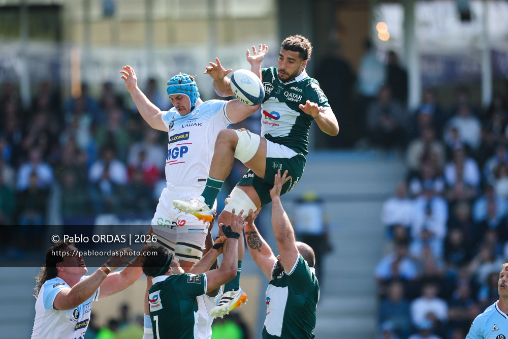 Sacha Zegueur, lors du match de Top 14 entre l'Aviron bayonnais et la Section paloise, le 18 avril 2026 au stade Jean Dauger de Bayonne, France (Photo Pablo ORDAS)