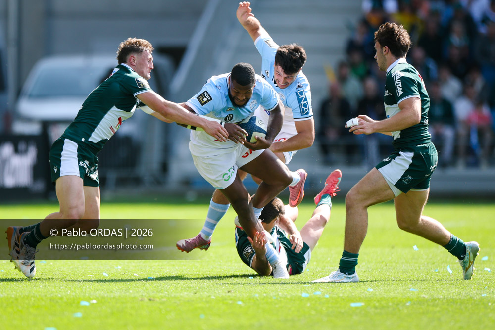 Cheikh Tiberghien, lors du match de Top 14 entre l'Aviron bayonnais et la Section paloise, le 18 avril 2026 au stade Jean Dauger de Bayonne, France (Photo Pablo ORDAS)