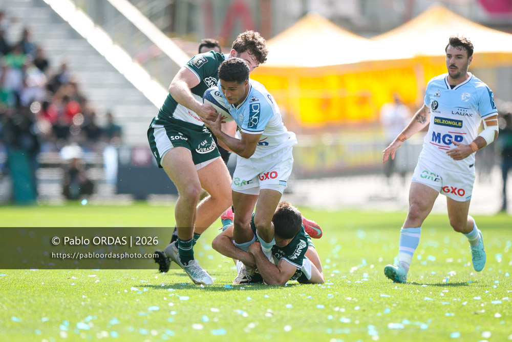 Tom Spring, lors du match de Top 14 entre l'Aviron bayonnais et la Section paloise, le 18 avril 2026 au stade Jean Dauger de Bayonne, France (Photo Pablo ORDAS)
