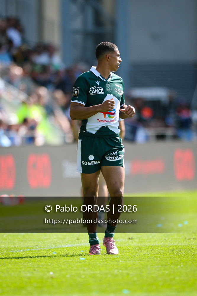 Aaron Grandidier, lors du match de Top 14 entre l'Aviron bayonnais et la Section paloise, le 18 avril 2026 au stade Jean Dauger de Bayonne, France (Photo Pablo ORDAS)