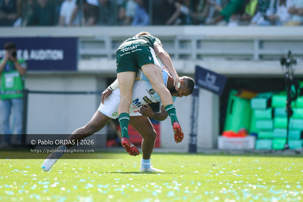 Cheikh Tiberghien, lors du match de Top 14 entre l'Aviron bayonnais et la Section paloise, le 18 avril 2026 au stade Jean Dauger de Bayonne, France (Photo Pablo ORDAS)