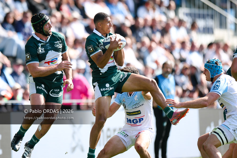 Aaron Grandidier, lors du match de Top 14 entre l'Aviron bayonnais et la Section paloise, le 18 avril 2026 au stade Jean Dauger de Bayonne, France (Photo Pablo ORDAS)