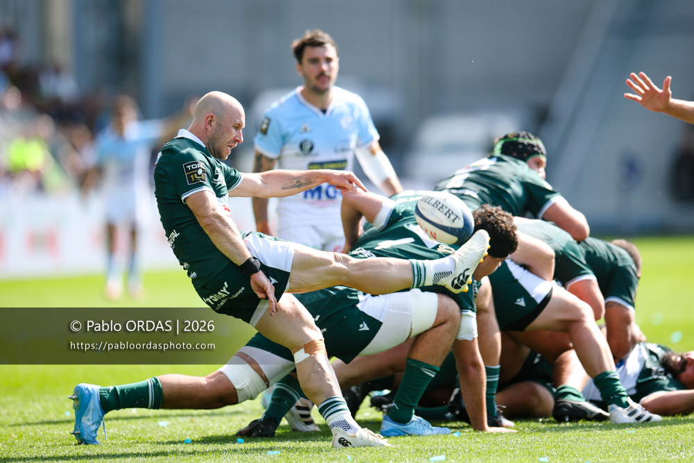 Dan Robson, lors du match de Top 14 entre l'Aviron bayonnais et la Section paloise, le 18 avril 2026 au stade Jean Dauger de Bayonne, France (Photo Pablo ORDAS)
